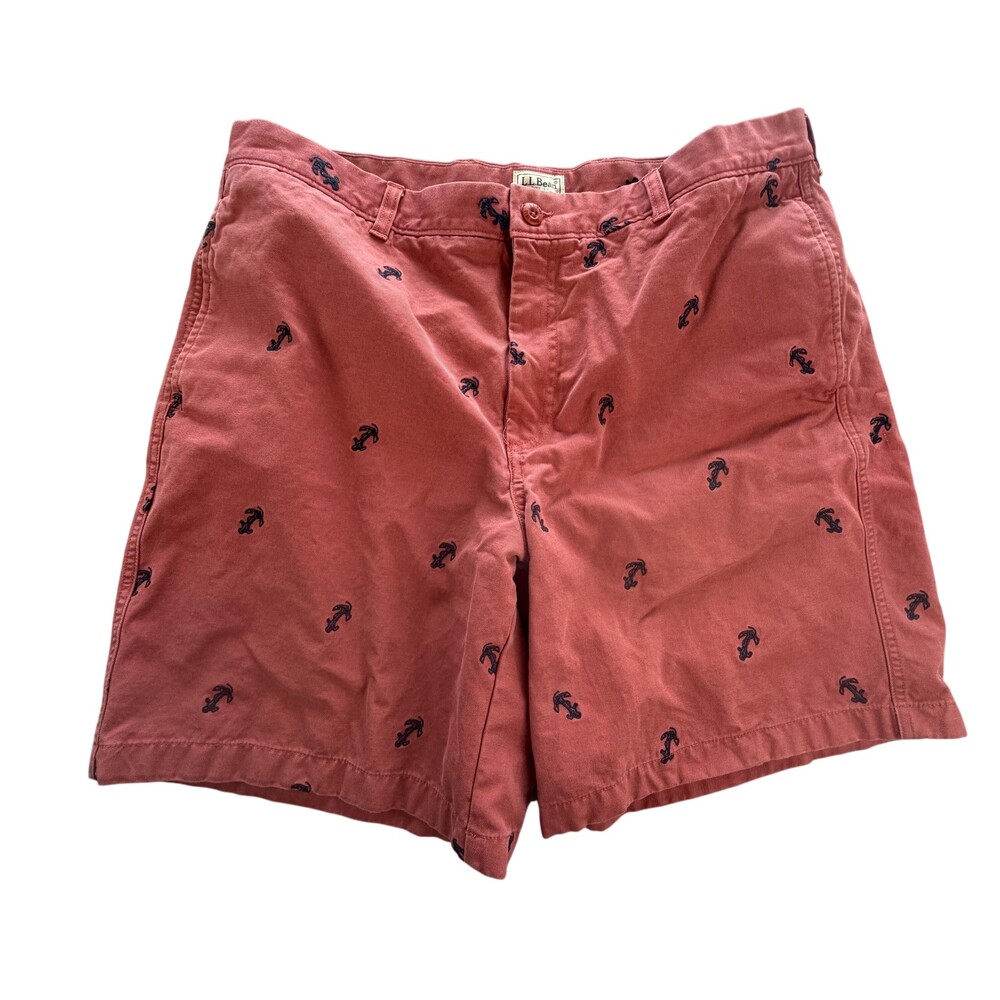 L.L.Bean Shorts Mens 36 Red Anchor Embroidered Cotton Chino 8 Inseam Nautical